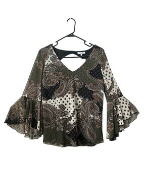 POPPI Olive & Cream Paisley 3/4th Bell-Sleeve Blouse Summer Casual Small
